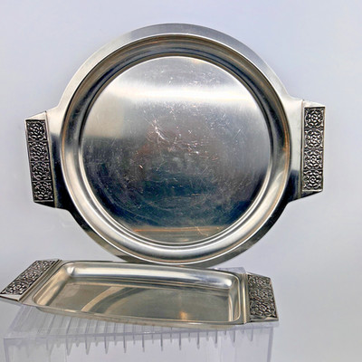 SET of 2 Stanley Roberts Stainless Steel Serving Trays MCM Round, Rectangle NOTE