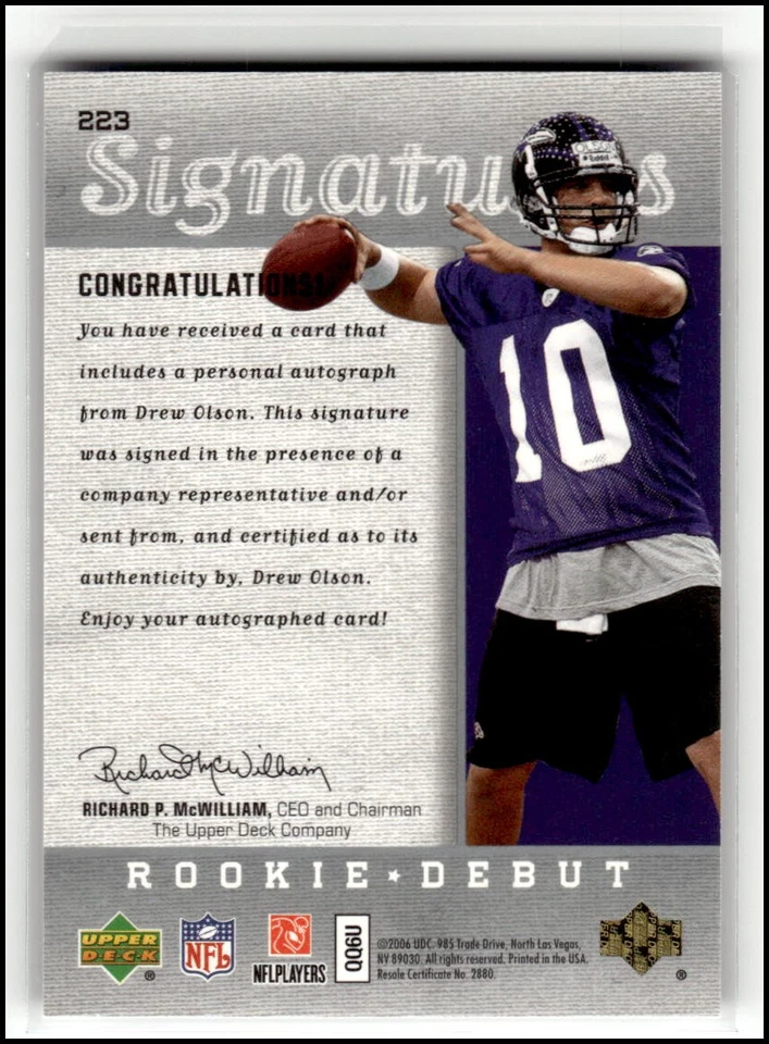 2006 Upper Deck Rookie Debut Drew Olson Rookie #223 Auto - Image 2 of 2
