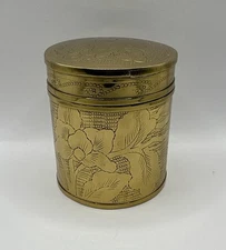 Vintage Etched Brass Canister With Lid Tea Caddy 3 in Floral Upscale Decor