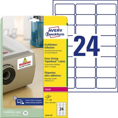 AVERY Zweckform Folien-Kraftklebe-Etiketten L6141-20 weiß 63,5 x 33,9 mm, 20...