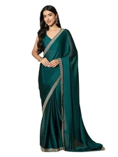 Pappylon Women's Teal blue Satin Solid Saree With Unstitched Blouse Piece