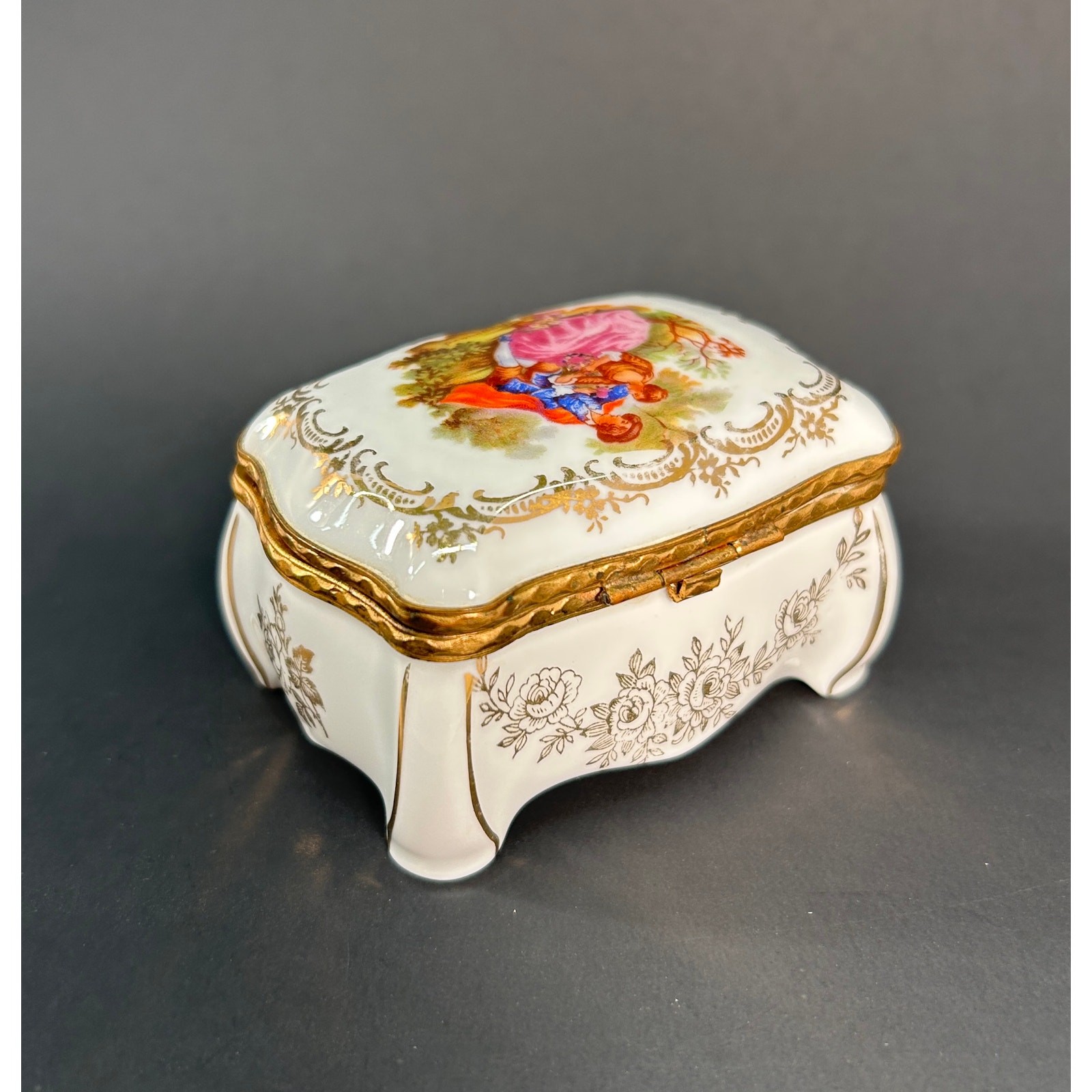 G L Limoges France Bombe Chest Porcelain Trinket Box - Fragonard Courting Couple