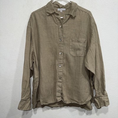 Bryn Walker 100% Linen Sz 1X L Sleeve Button Down Blouse Khaki Beach Cozy