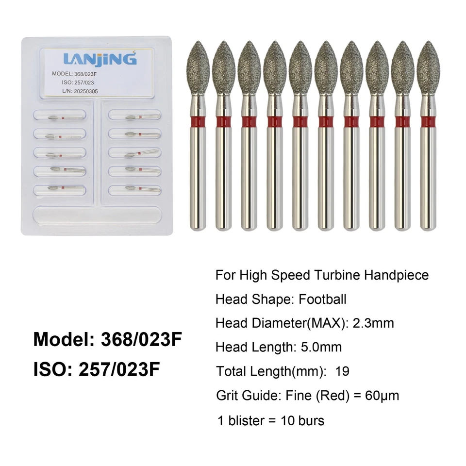 Dental Diamond Burs Football Bur FG Fine Coarse High Speed Friction Grip 368 379 - Image 3 of 4