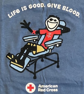 Life Is Good American Red Cross Give Blood Donor L T-Shirt Indigo Blue FREE SHIP