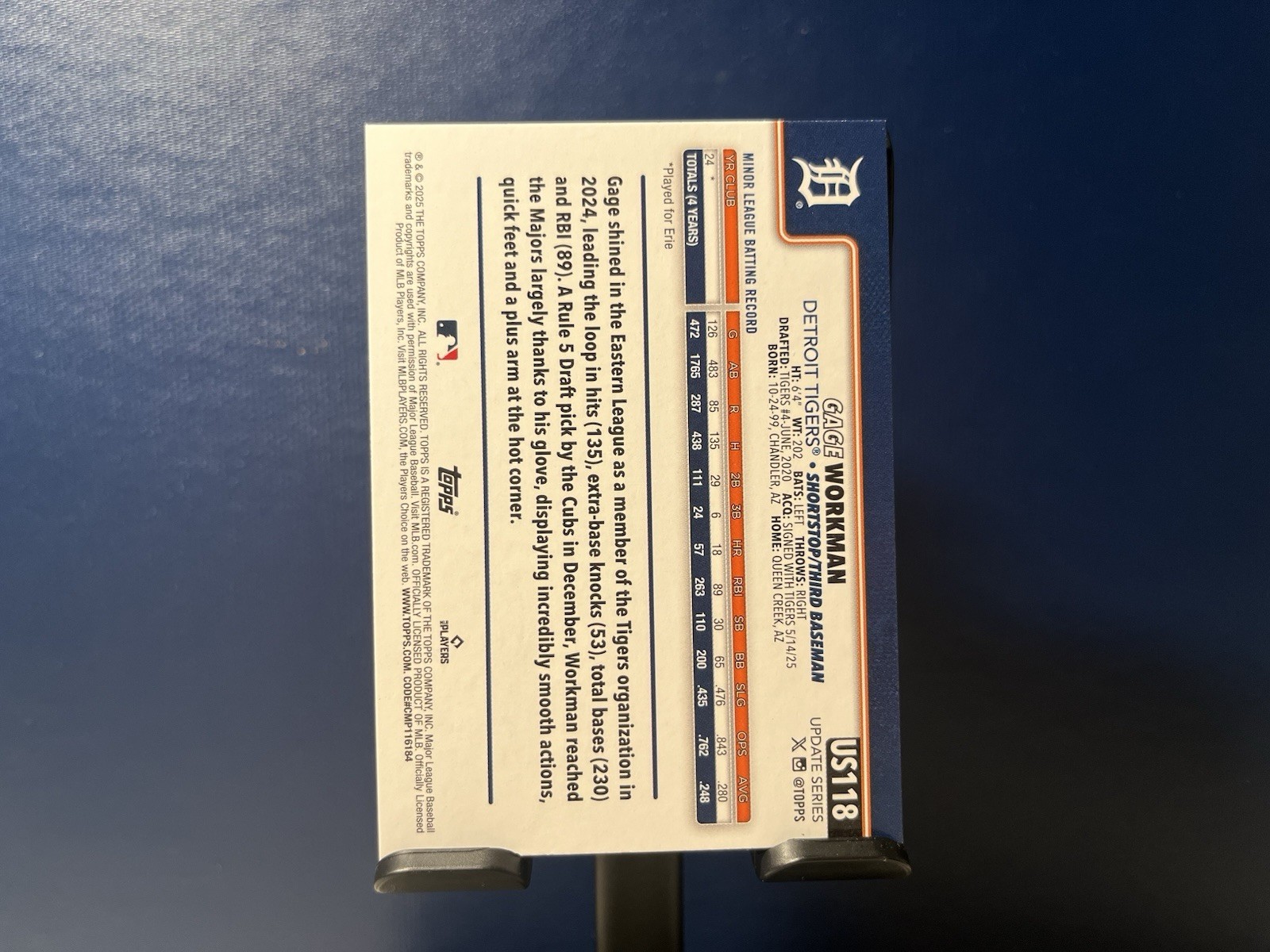 Gage Workman (RC) 2025 Topps Update #US118 Rookie Card Detroit Tigers NM