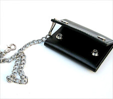 Black Genuine Leather Men's Biker Wallet Trifold Chain Motorcyclist ID Card