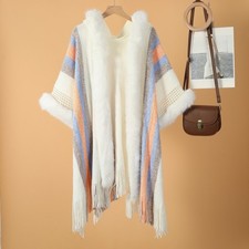 Lady Ethnic Faux Fur Collar Hooded Knitted Shawl Women Retro Striped Tassel Cape