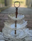 Vintage Federal Glass Petal Serving Tidbit Tray 3  Tier Bowls