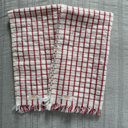 Vintage Terry Kitchen Dish Towels Cotton Red Check Plain Set of 2 Cone Brand