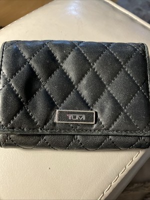 TUMI Wallet Black Leather Quilted Card Organizer Zip Coin Pouch 4.5'' x 3.25'' ID