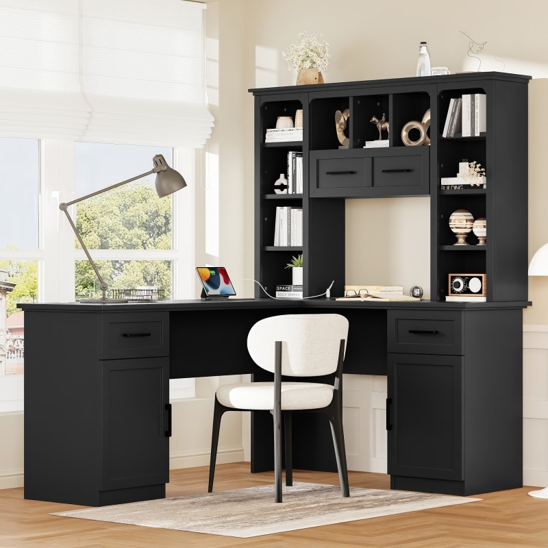 L-Shaped Computer Desk 65 Inch with Drawers Cabinet Executive Office Storage
