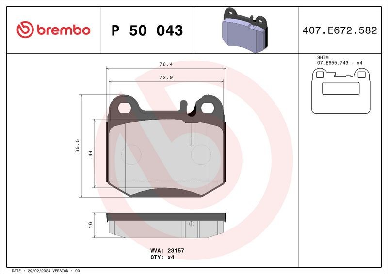 Brake Pad Set, disc brake BREMBO P50043