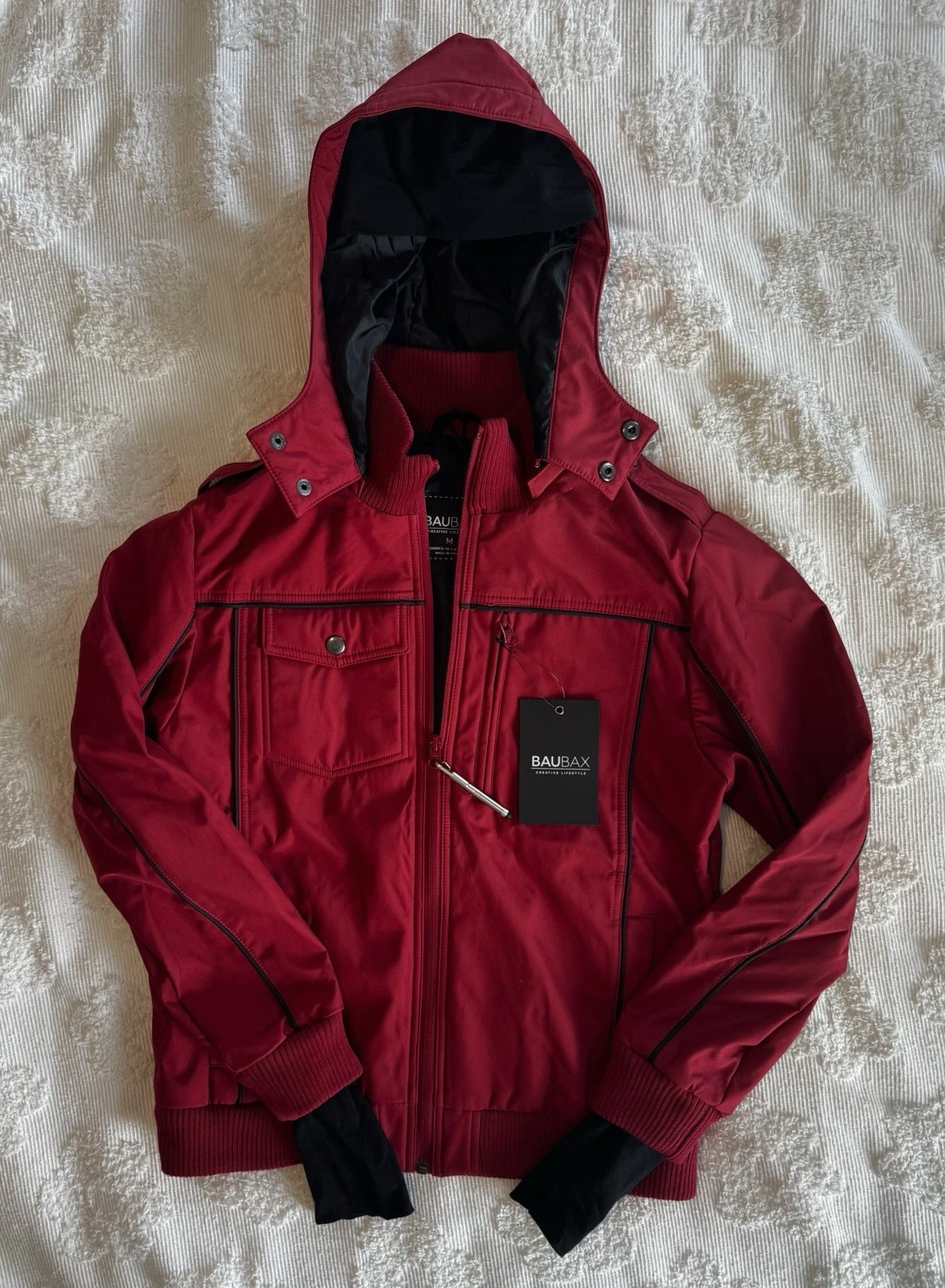 NWT Baubax Men’s Water Resistant Bomber Jacket in Red With A Hood sz M NEW image 1
