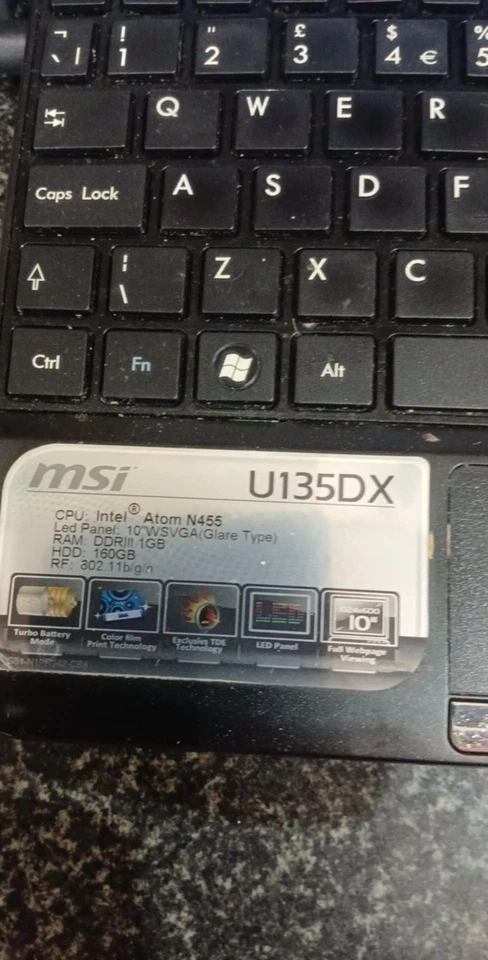 MSI  U135DX 10" Netbook Intel Atom N455 1GB RAM 160GB HDD Windows 7 - Image 4 of 4