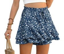 PrinStory Ruffles Shorts For Women High Waist Flowy M, Blue White Flower