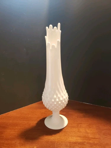 Vintage Fenton Swung Glass Vase, Hobnail Pedestal Milk Glass, 13 1/2 Inches Tall