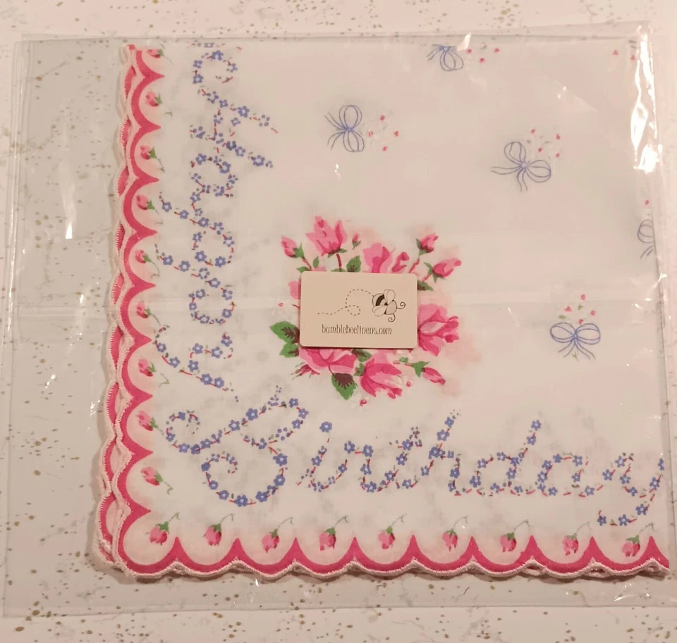 Bumblebee Linens Cotton Handkerchief Happy Birthday Floral  - Image 2 of 2