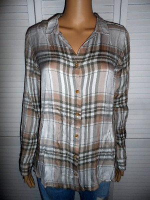 Pretty Thread & Supply size S beige brown plaid button up relaxed fit shirt NWT