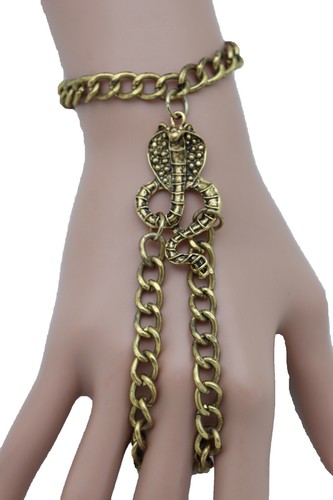 Women Groovy Bracelet Rusty Gold Metal Hand Chain Cobra Snake Charm Slave Ring - Bild 9 von 12