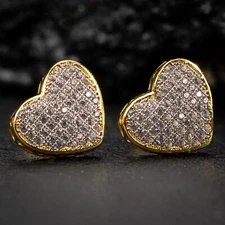 Large Yellow Gold 925 Sterling Silver Micro Pave Women's Cz Heart Stud Earrings