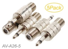 5Pack 3.5mm (1/8") TS Male to F-type Female Coaxial Metal Adapter, AV-A26-5