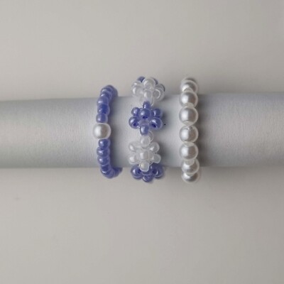 Bead Ring Set, Blue and White + Pearls