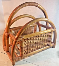 VTG Bent Wood Rattan Bamboo Magazine Rack Holder MCM Boho Storage Decor