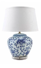 Blue, White Bulb Porcelain Chinoiserie Table Lamp. Hand Painted. With Lampshade.