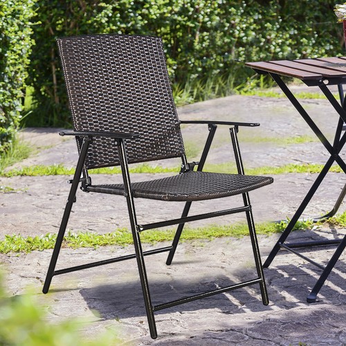 4 PCS Brown Folding Rattan Chair Heavy Duty Backyard In/Outdoor Camping Garden - Picture 2 of 8