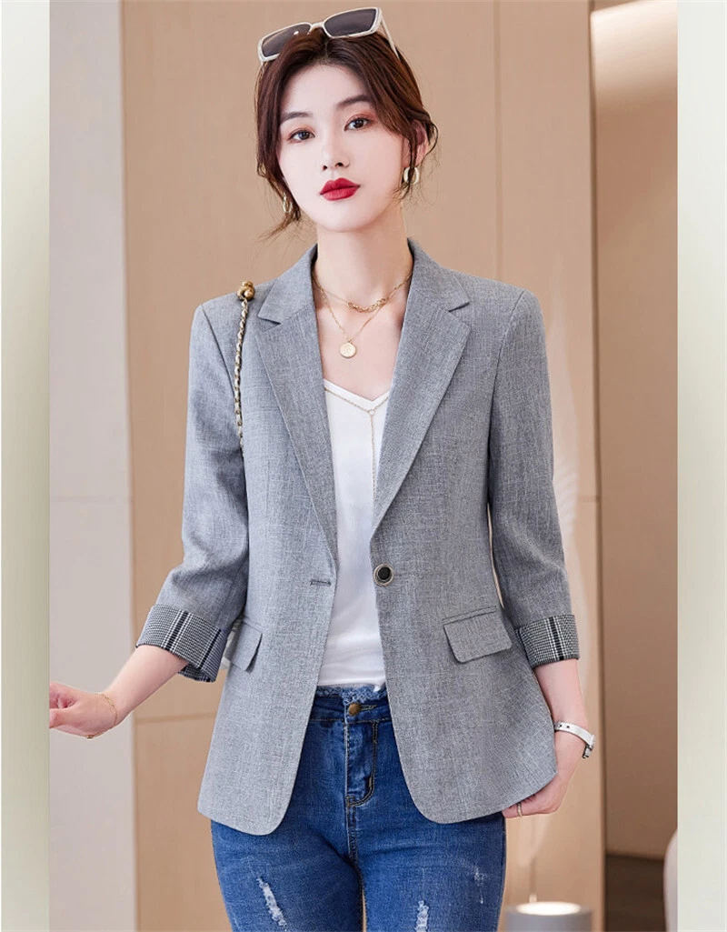 Casual Blazer Women spring Summer Work Office 3 4 Sleeve Slim