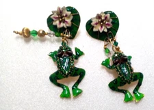 Vintage Lunch at the Ritz French Toads Pierced Earrings Green Enamel 1992