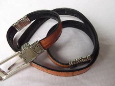Narrow black tan belt sz S M leather silver engrave buckle reverse convertible  