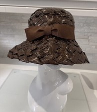 50er Jahre Raffia Cloche Damen braun reetgedeckt Kunststoff Schleife Hut Vintage Retro Event