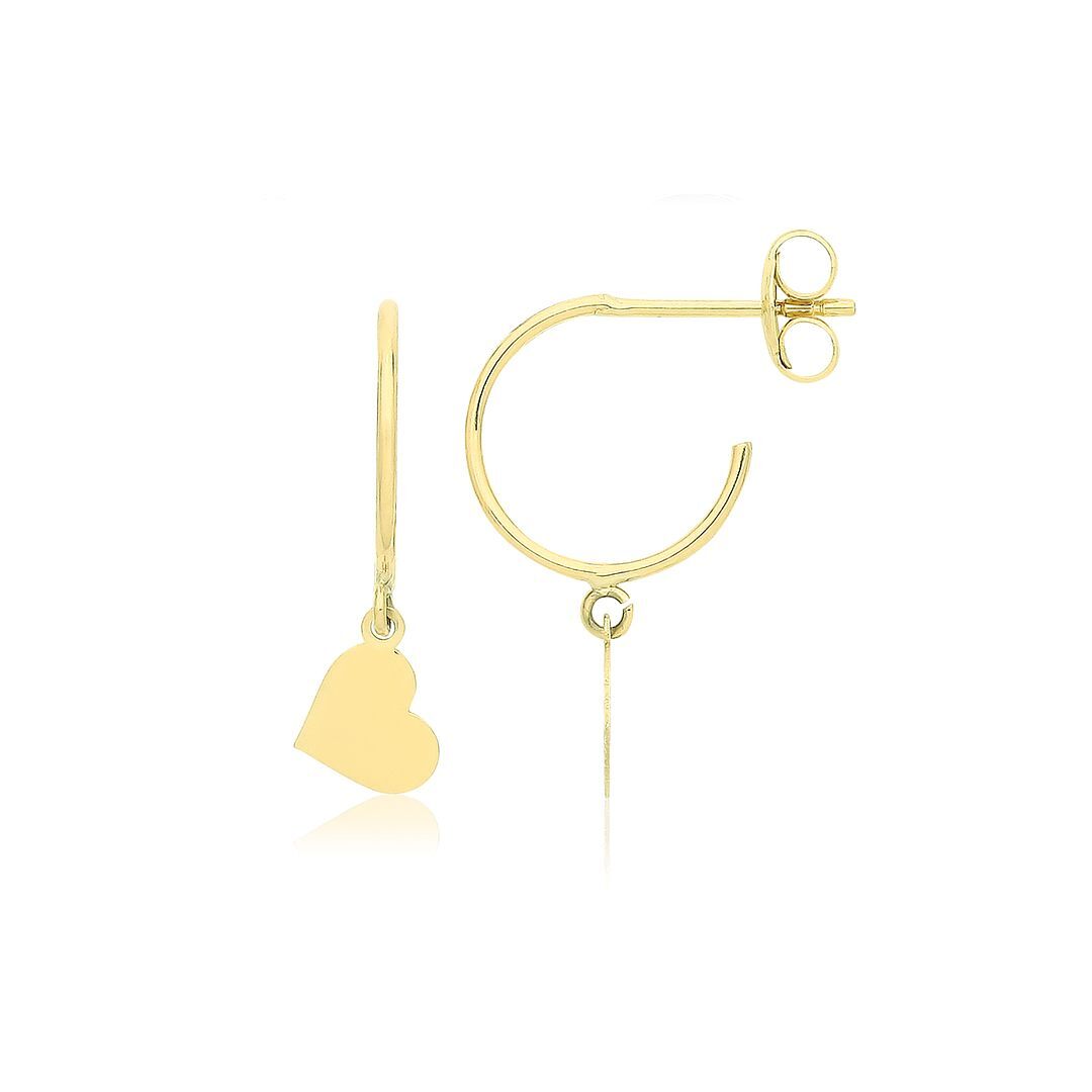 9ct Oro Amarillo Medio Aro Individual Pendientes con Colgante Corazón
