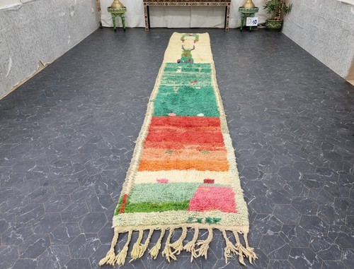Moroccan Handmade Boujaad Rug 2'5''x15'8'' Berber Abstract Green Wool Area Rug - Picture 12 of 12