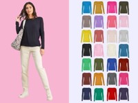 WOMENS LADIES LONG SLEEVE STRETCH PLAIN ROUND SCOOP NECK T SHIRT UK 8-26