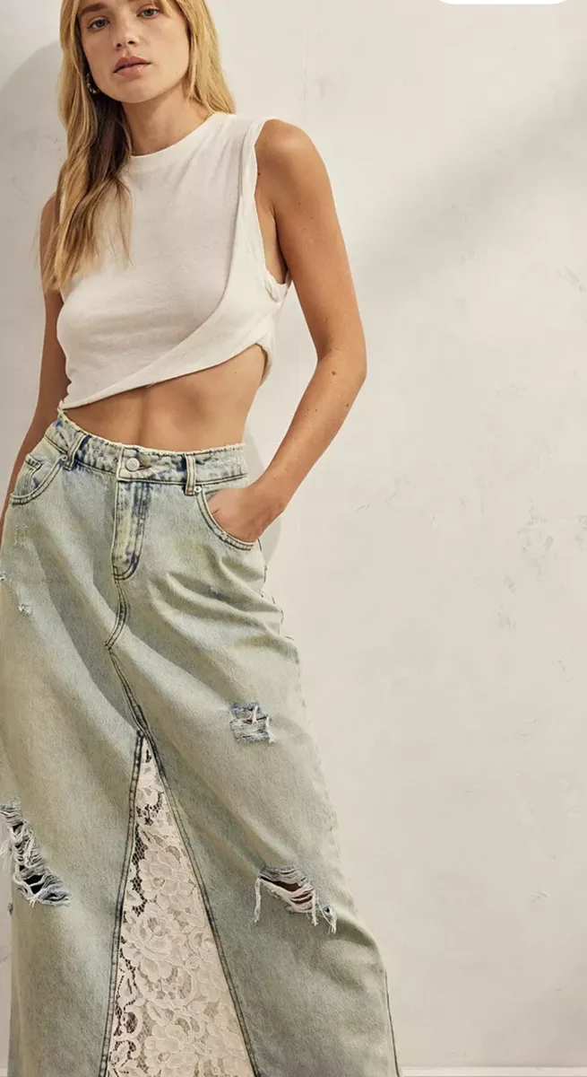 Urban Outfitters BDG Mindy Denim Lace Maxi Skirt Distress Fade