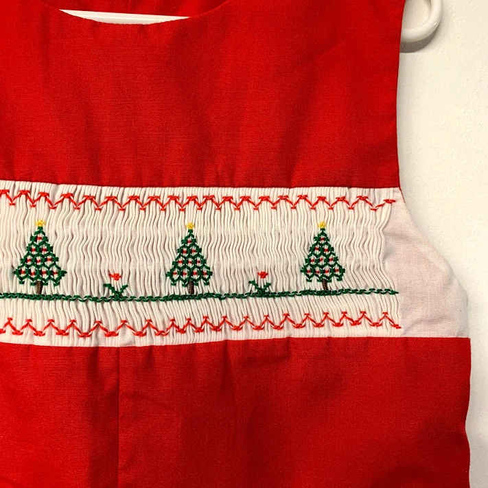 Винтажный красный рождественский комбинезон со сборками рождественские елки ручной работы детский размер 26 дюймов сундук - Изображение 4 из 4