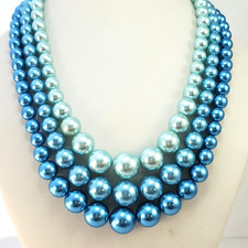 JAPAN Vintage 3 Strand BLUE OMBRE Faux Pearl Bead Necklace 15"-17"