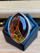 Sterling Silver Amber Triple Panel Statement Ring – Size Q Poland