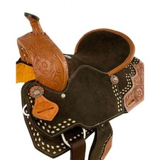Brown Suede Barrel Style Saddle with Tooling and White Buck Stitch 15" NEW