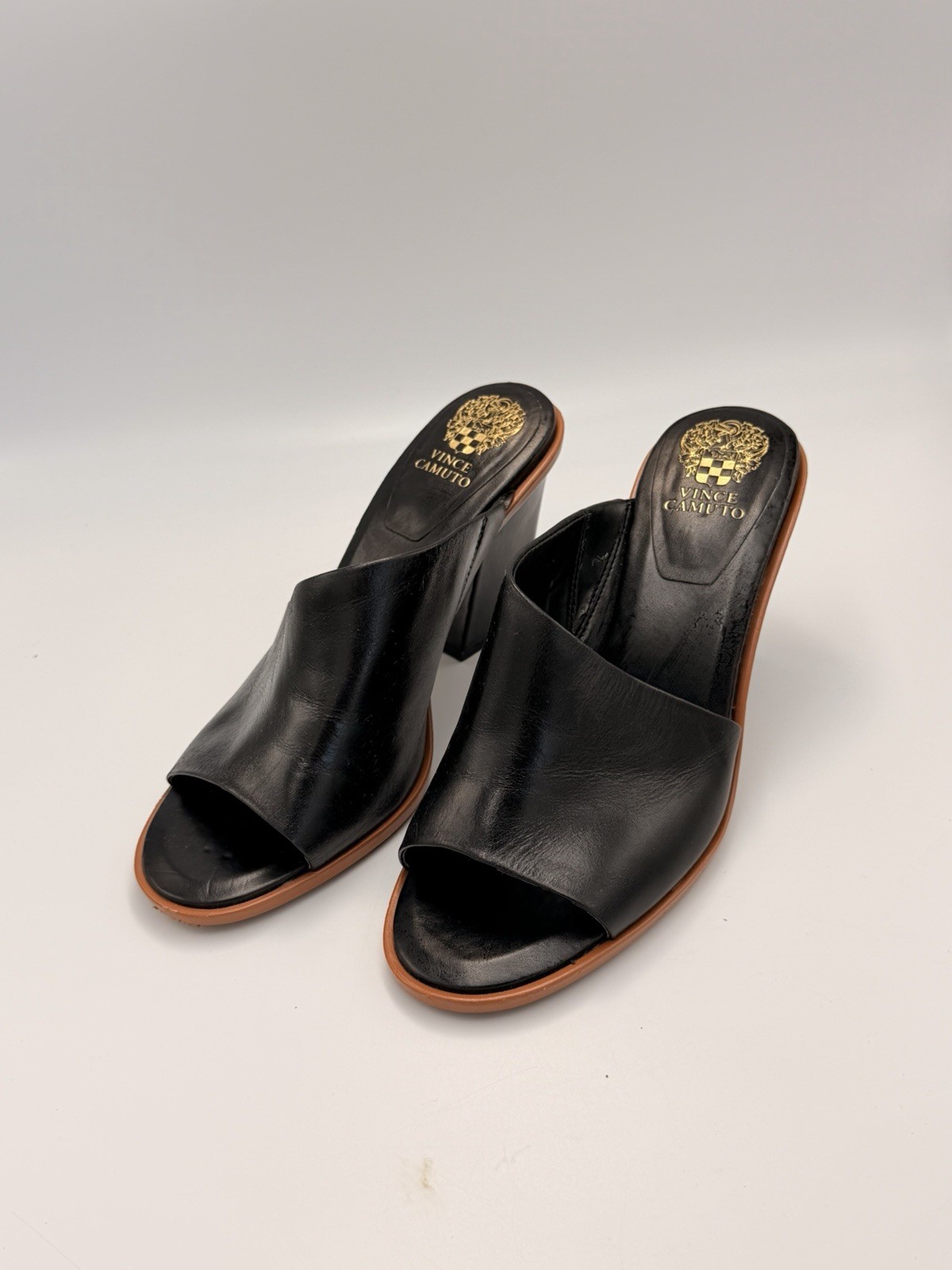Vince Camuto Fissana Black Leather Slide Mules Sandals Chunky Block Heel Size 8