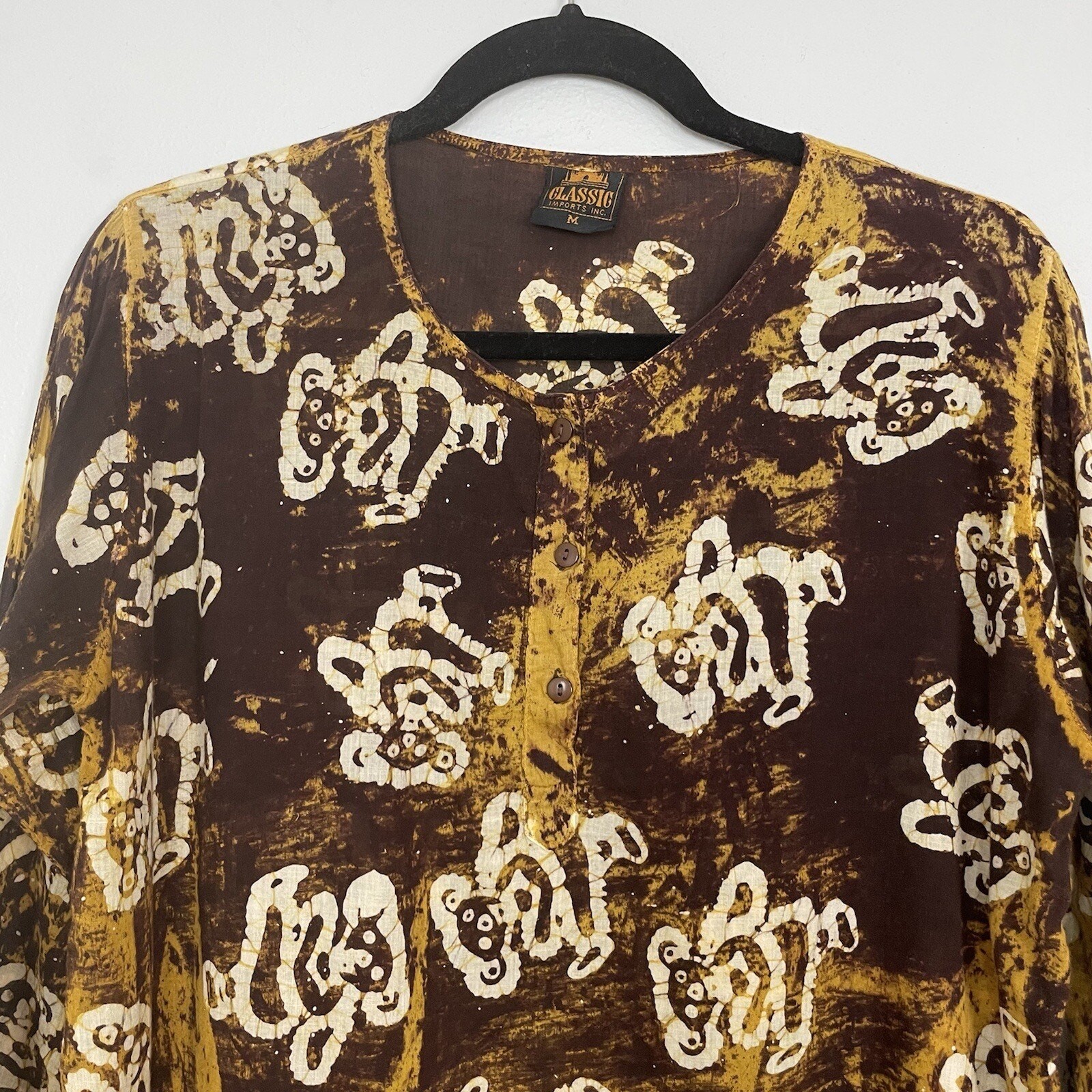 Vintage 90’s Grateful Dead Dancing Bears Batik Dyed Hippie Top Brown Medium image 2