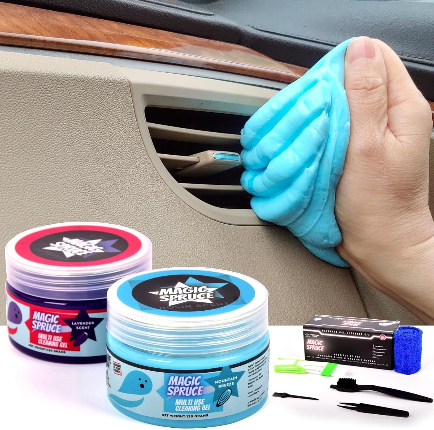 Car Cleaning Gel Kit 2 Pots Interior Detailing Slime 4 Brushes Vent Duster Putty