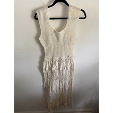 Vintage Style Cream Crochet Lace Midi Dress Sleeveless V-Neck Boho Festival M/L