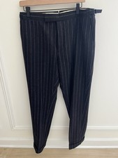 Ralph Lauren Purple Label Gray Pinstripe Wool Cuffed Trousers With Side Tabs