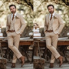 Men's Suits Khaki 3 Piece Slim Fit Wedding Groom Formal Business Vest Pants Set