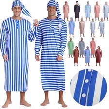 Mens Striped Nightshirt Long Sleeves Button Down Nightgown Shirts with Night Cap