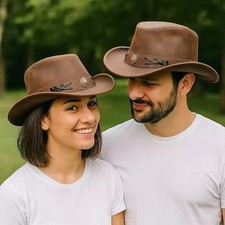 Brown Leather Cowboy Hat Western Outback Ranch Fedora Aussie Style Unisex